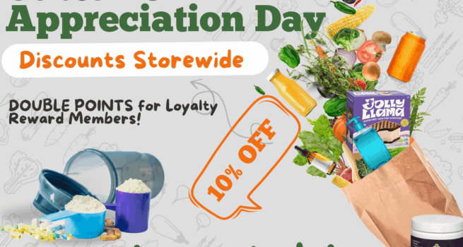 ustomer Appreciation Day announcement for The Only Earth with grocery bag spilling supplements, vitamins, protein powders, and organic foods
