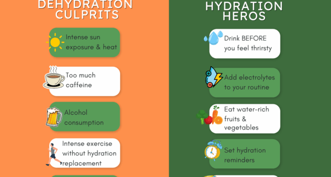 Infographic showing summer dehydration culprits vs hydration solutions, featuring tips like drinking before thirst, adding electrolytes, and eating water-rich foods. Created by The Only Earth.