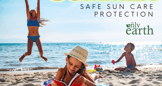 Family enjoying safe summer beach activities - woman jumping with beach ball, child playing in sand, and person reading under sun hat, promoting The Only Earth's natural sun care protection products.