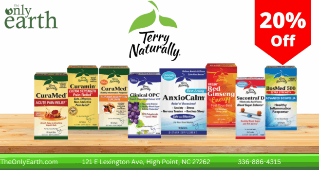 Collection of Terry Naturally supplement bottles including Curamin, Anxio Calm, and Hair Skin & Nails Essentials displayed with prominent 20% off sale banner for July promotion at The Only Earth