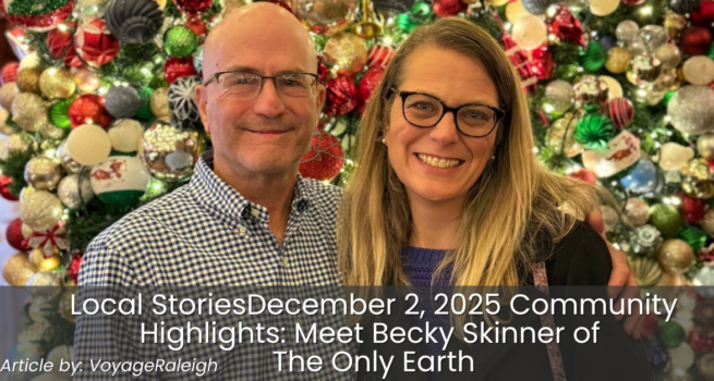 Becky & Bill from The Only Earth standing near lit Christmas tree