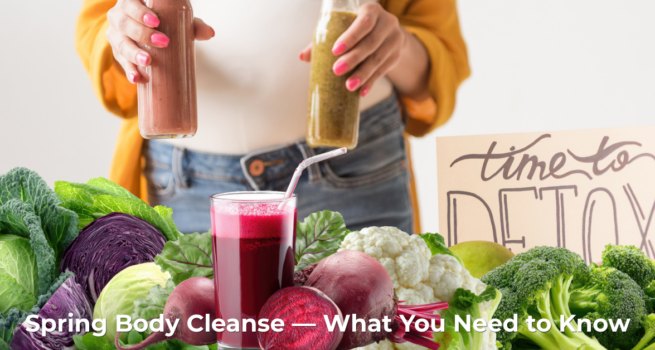 Woman holding juice with cruciferous vegetables and detox sign The Only Earth High Point NC has detox cleanse supplements available