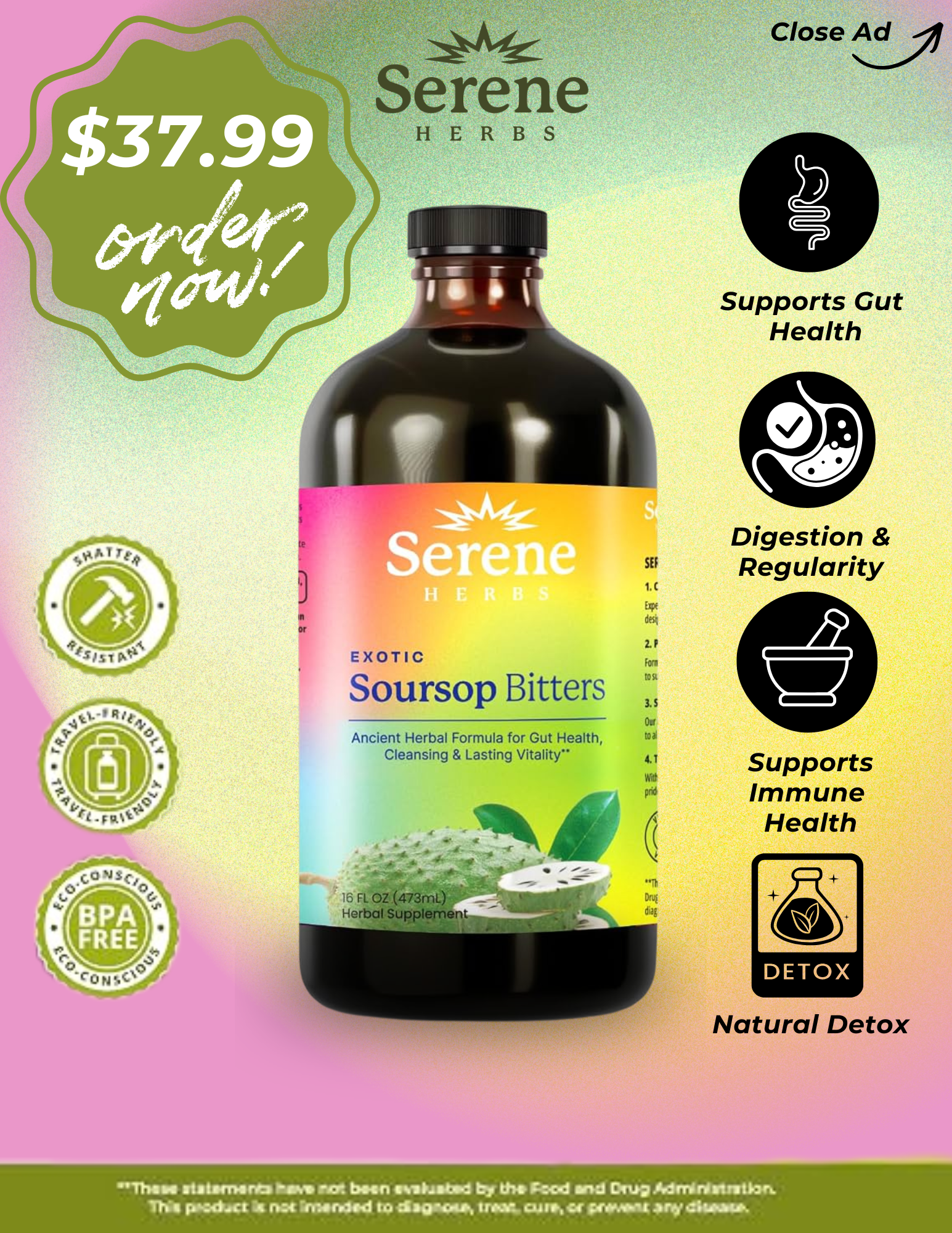 Infographic of serene herbs soursop bitters available for sale online at The Only Earth, located in High Point, NC